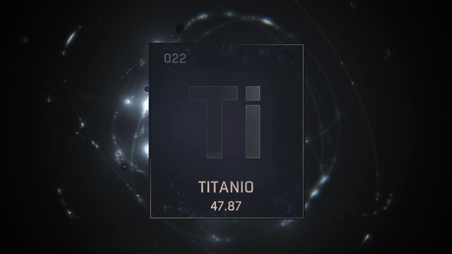 Titanium as Element 22 of the Periodic Table. Seamlessly looping 3D animation on silver illuminated atom design background with orbiting electrons. Name, atomic weight, element number in Spanish langu