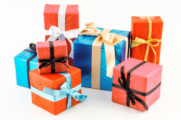 Big pile of colorful wrapped gift boxes isolated on white background. Mountain gifts. Beautiful present box with overwhelming bow. Christmas surprise icon. Happy new year decor, discounts, promotions.