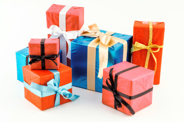 Big pile of colorful wrapped gift boxes isolated on white background. Mountain gifts. Beautiful present box with overwhelming bow. Christmas surprise icon. Happy new year decor, discounts, promotions.