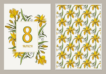 Card for international Women's Day 8 march with frame made of irises flower and leaves. Greeting card, banner in the delicate artistic style. Vector illustration.