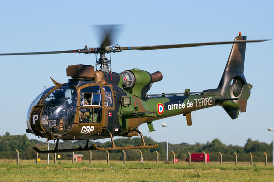 ETAIN, FRANCE - AUG 24, 2016: French Army Aerospatiale SA342M Gazelle helicopter taking off.