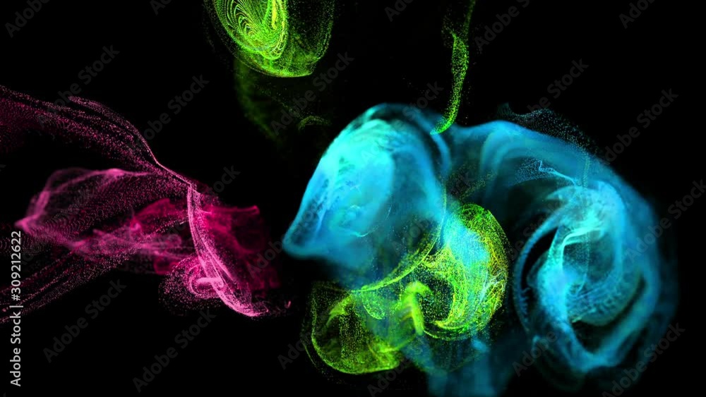 Poster stream of luminous particles underwater on black background runs into a spherical field, place for y