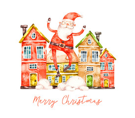 Merry christmas and happy new year watercolor card. Naive aqarelle santa claus flying over the houses, greeting postcard cover isolated on white background