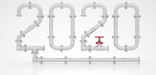 New Year 2020 from chrome pipes and red taps on a white background. 3D render.