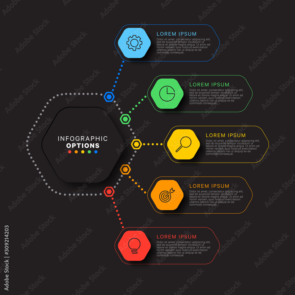 Poster infographic template with five hexagonal elements on black background. modern business process visua