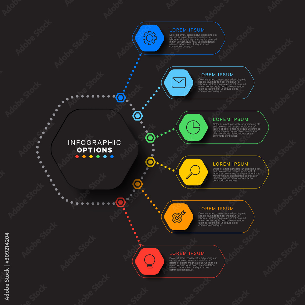 Aufkleber infographic template with six hexagonal elements on black background. modern business process visual