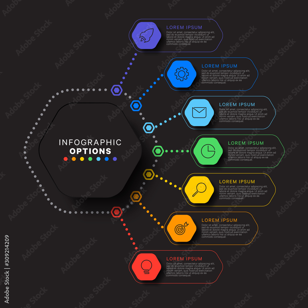 Aufkleber infographic template with seven hexagonal elements on black background. modern business process visu