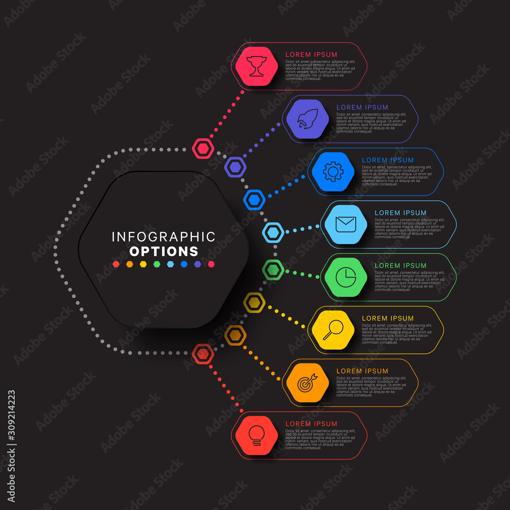 Aufkleber infographic template with eight hexagonal elements on black background. modern business process visu