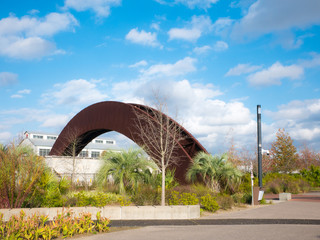 New Orleans, LA. USA. December 2019. View of the famous bridge that gives entry to Crescent Park, a beautiful and scenic park in the Marigny / Bywater area outside the French Quarter.