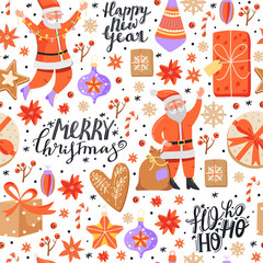 Merry Christmas background. Seamless pattern with Santa Claus, gingerbread, flower, lettering, berry, snowflake, candy and gift. Texture for textile, wrapping paper, packaging etc. Vector.