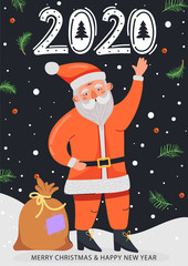 Happy New Year 2020 illustration. Funny Santa Claus character waving hand. Illustration with sack, fir-tree branch, berry and stylish lettering. Design for postcard, invitation, poster etc. Vector.