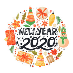 Happy New Year 2020 circle composition. Tree toy, candy, fir-tree branch, berry, snowflake, gift, flower and stylish lettering. Design for postcard, invitation, poster etc. Vector.