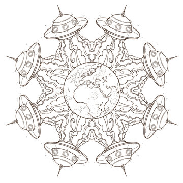 The symbolic star consisting of flying saucers. Picture for coloring on the space theme.
