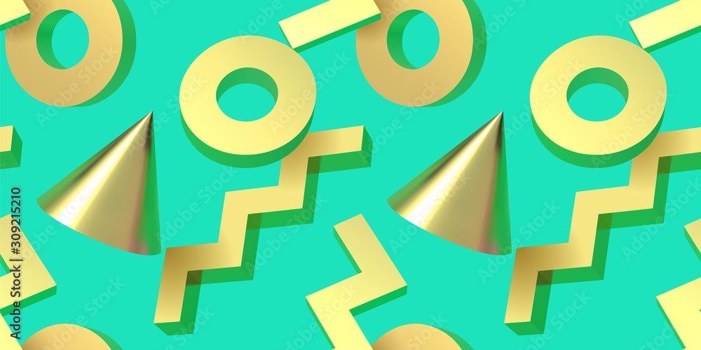 Poster seamless pattern with golden 3d shapes flying over aqua menthe green backdrop, abstract background f