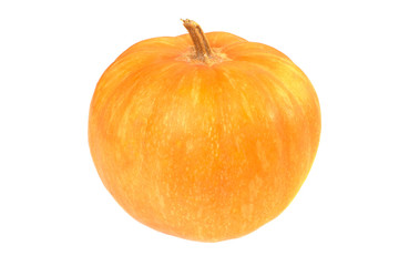 Yellow pumpkin on white background. Whole ripe autumn season vegetable for food ingredient or for holidays decoration.