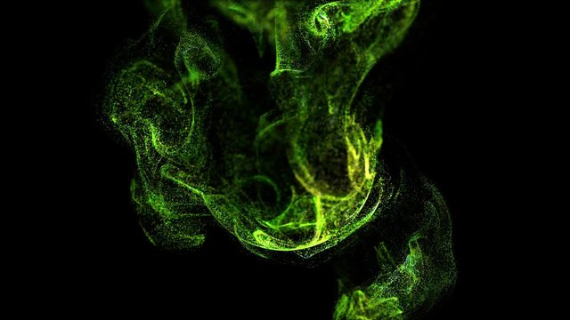 stream of green luminous particles underwater on black background runs into a spherical field, place for your text, logo. Alpha channel as Luma Matte. Ink effect of advection. 10