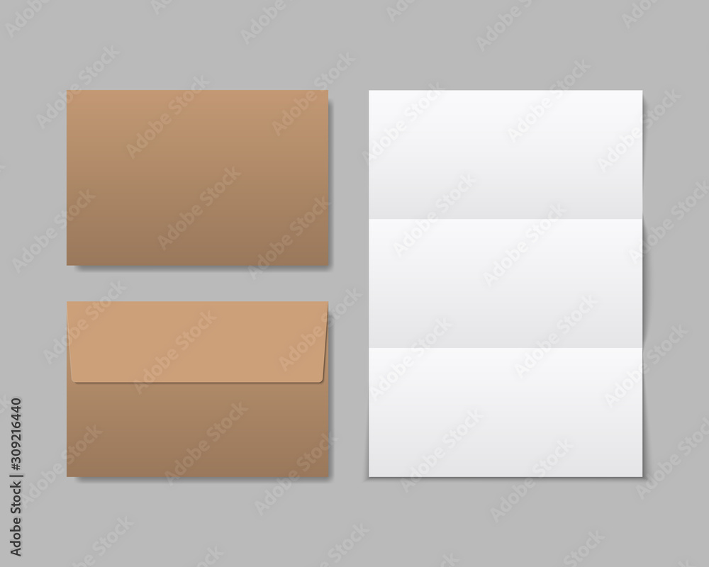 Poster envelopes and a4 paper vector. kraft paper envelopes front and back view. set of blank realistic env