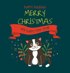 christmas, illustration, card, white cat, holiday, new, cat, celebration, happy, cute, winter, cartoon, year, funny, red, santa, xmas, vector, design, greeting, art, merry, tree, snow, snowman