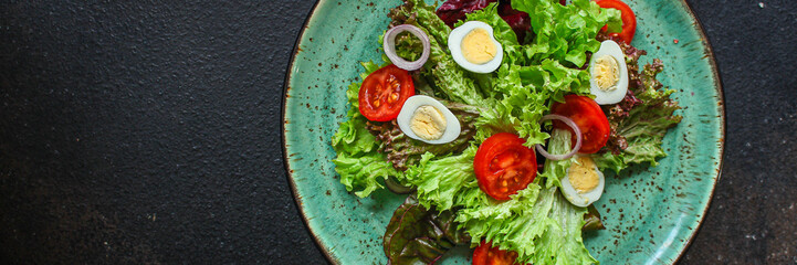 healthy salad vegetables, quail eggs (tomato, lettuce and other ingredients) menu concept. food background. top view. copy space