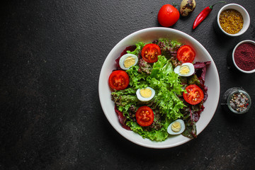 healthy salad vegetables, quail eggs (tomato, lettuce and other ingredients) menu concept. food background. top view. copy space