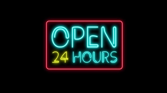 Open 24 7 Hours Neon Light on black. 24 Hours Night Club Bar Blinking Neon Sign. Motion Animation. Video available in 4K FullHD and HD render footage