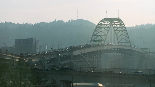 Traffic entering and leaving Portland, Oregon on the Interstate bridge.