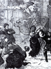 Group of adult people playing in the snow, snowball fight, snow battle, illustration 1800s. Old time attire