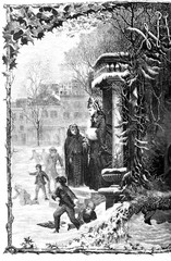 Cold Winter scenic, drawing illustration 1800s line art, snow, fridged, people huddled to keep warm. Children involved in Snowball Fight battle