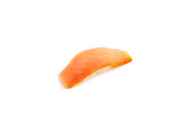 Fresh salmon sushi on white background - close up