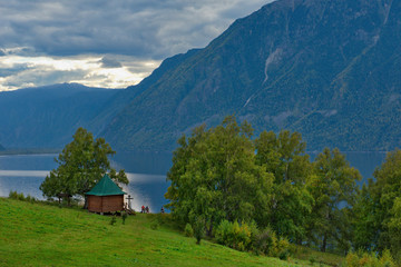 Creativity on the shore of a beautiful lake. Russia. mountain Altai. The southern coast of lake...