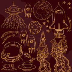Set outline drawing with the spacecraft on burgundy background. Different types of shuttles and flying saucers.