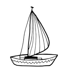 Black and white boat isolated on white background. Vector stock illustration. Hand drawing outline ship for tattoo, coloring book, children's prints.