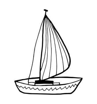 Black and white boat isolated on white background. Vector stock illustration. Hand drawing outline ship for tattoo, coloring book, children's prints.