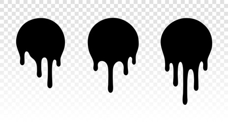 Current drops. Current inks. Paint dripping. Current paint, stains. Dripping liquid. Paint flows. Vector illustration. Color easy to edit. Transparent background.