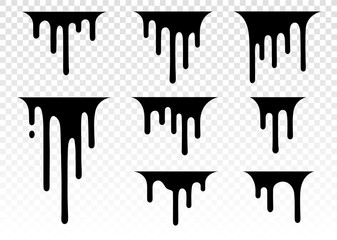 Dripping liquid. Paint dripping. Paint flows. Current paint, stains. Current drops. Current inks. Vector illustration. Color easy to edit. Transparent background.