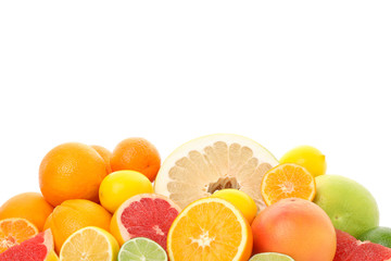 Bunch of juicy citrus fruits isolated on white background