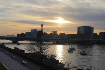 Shinano River in dusk, Niigata, Japan