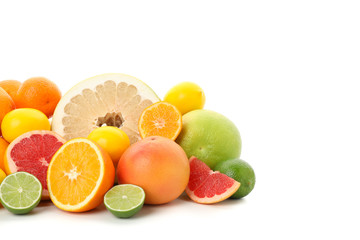 Naklejka na ściany i meble Bunch of juicy citrus fruits isolated on white background
