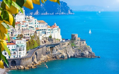 Beautiful Amalfi on hills leading down to coast, Campania, Italy. Amalfi coast is most popular travel and holiday destination in Europe. © IgorZh