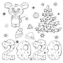 Christmas set of hand drawn doodles 2020. Objects isolated on white. Christmas tree, snowflake, star, New Year's balls, cheese,New Year hat,little mouse,numbers.