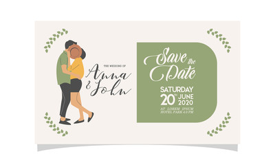 Wedding invitation with couple flat vector charachter. modern design flat vector for marriage. graphic illustration. married concept. Groom and bride card template.
