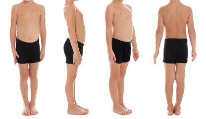 Collage of little boy in underwear on white background