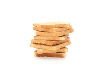 Stack of slices of bread toasts isolated on white background