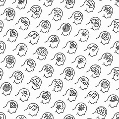 Mental health seamless pattern with thin line icons: mental growth, negative thinking, emotional reasoning, logical plan, obsession, inner dialogue, balance, brilliant thought. Vector illustration.