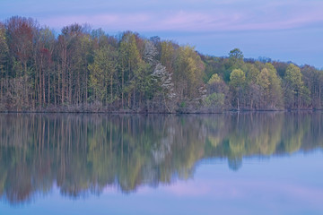 Spring landscape at dawn of the shoreline of Twin Lakes with mirrored reflections in calm water, Michigan, USA