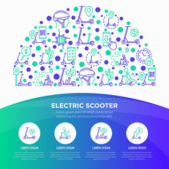 Electric scooter concept in half circle thin line icons: sharing service, mobile app, QR code, parking, helmet, eco transport, pointer. Modern vector illustration., template with copy space