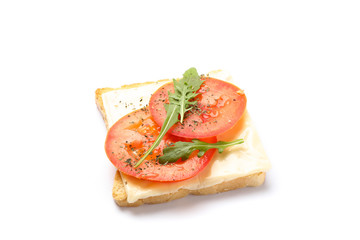 Toast with cheese, tomato and arugula isolated on white background