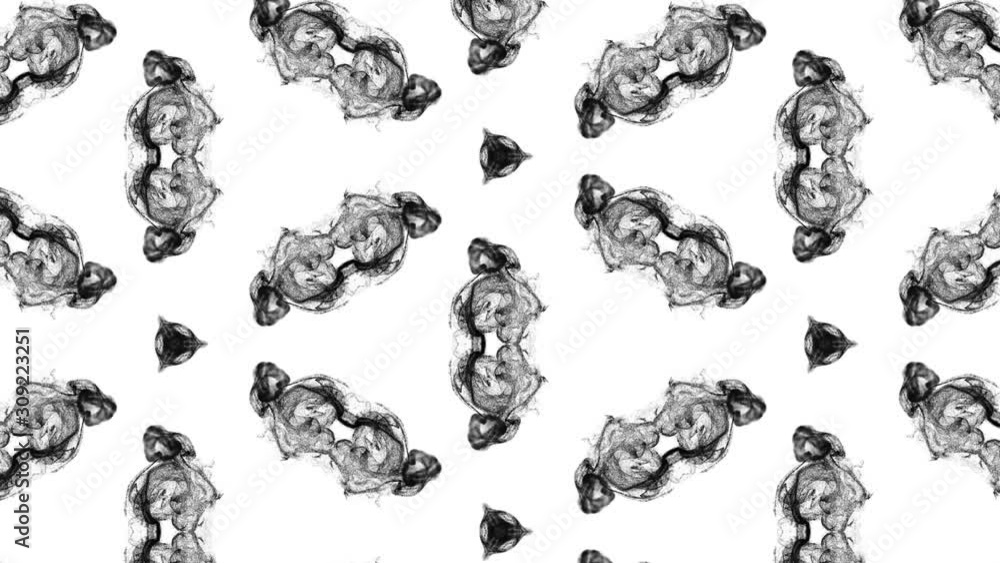 Poster ink kaleidoscopic effect of black particles on white background with luma matte as alpha channel. ad