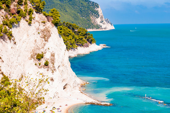 Beautiful coastline of Numana, Ancona, Italy surrounded by high massive white limestone rocky cliffs eroded by Adriatic sea waves and wind. Green pines growing on the rocky mountains.