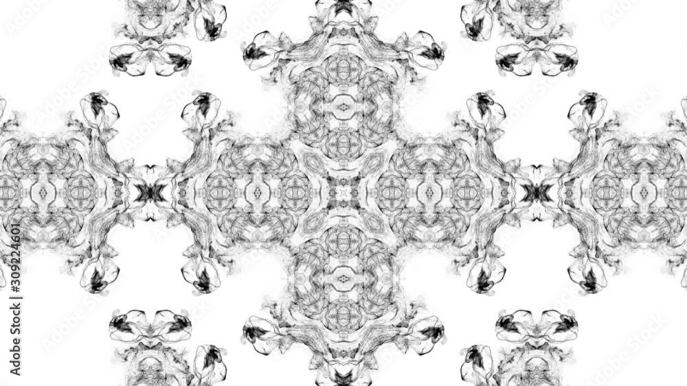 Poster ink kaleidoscopic effect of black particles on white background with luma matte as alpha channel. ad